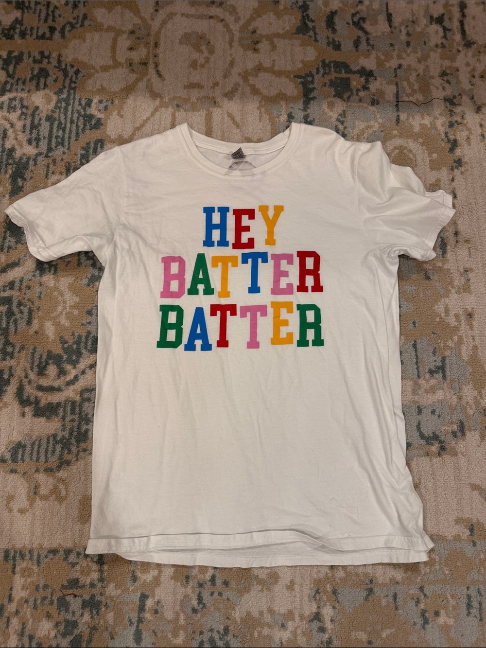 Packed Party White Tee with Multicolor "HEY BATTER BATTER" Graphic